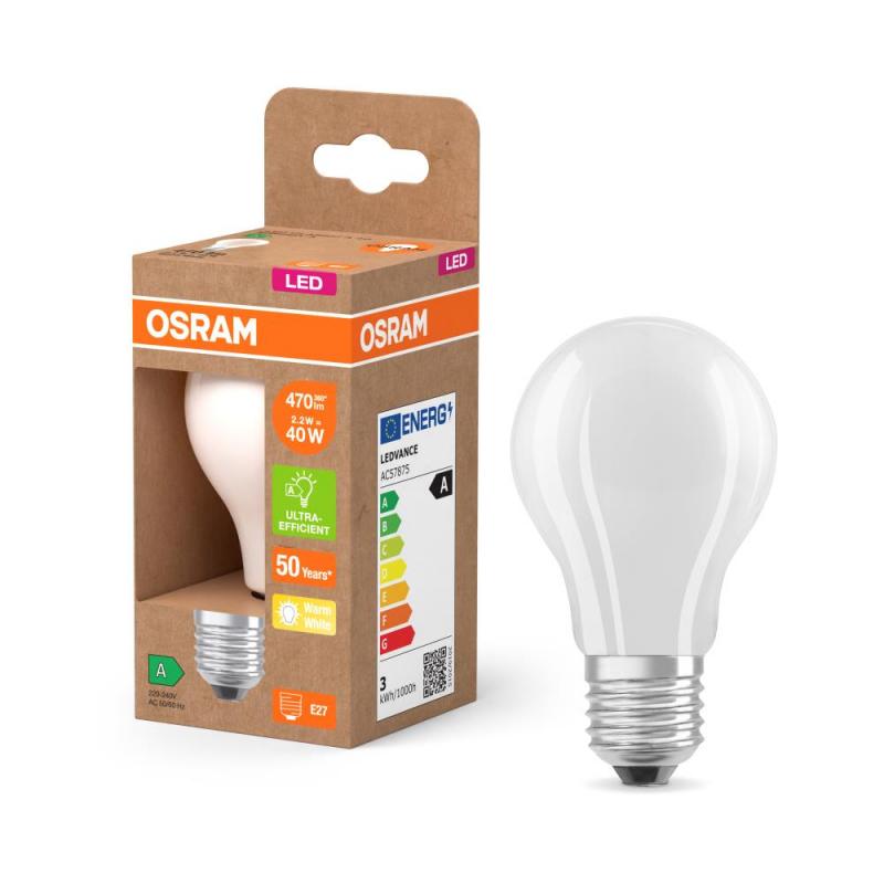 OSRAM E27 LED Lampe Classic matt 2,2W wie 40W warmweißes Licht 2700K - Energy efficiency class A